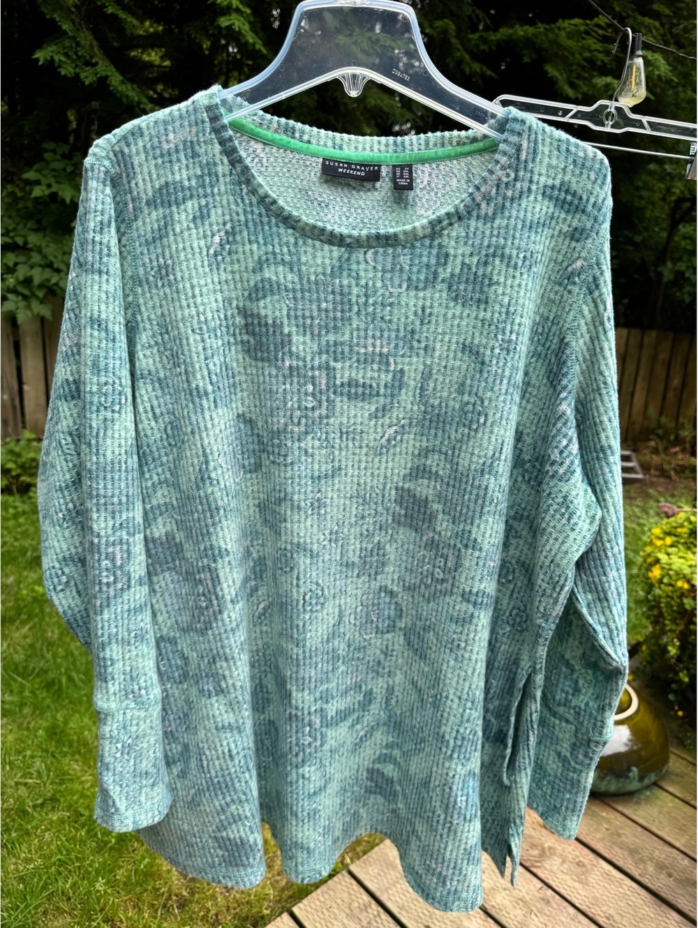 Susan Graver Weekend Women's Plus Size 2X Green Patterned Waffle Knit Sweater